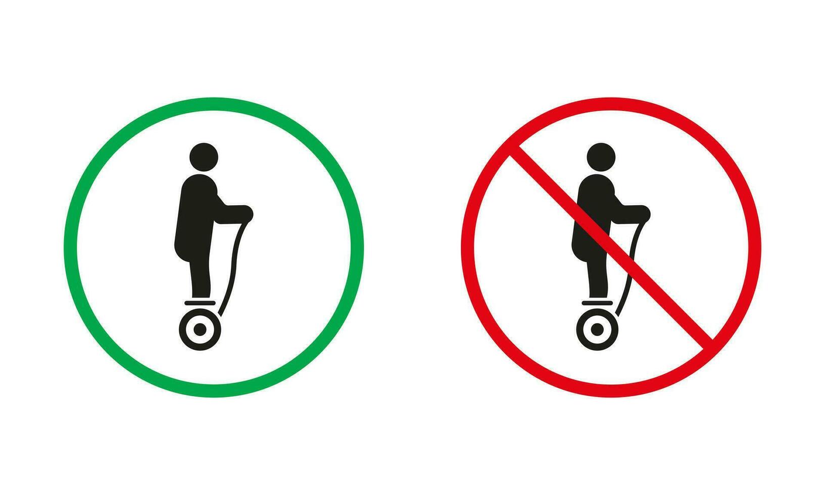 elektrisk enhjuling hoverboard gyroscooter röd och grön tecken. gyro skoter, monowheel silhuett ikoner uppsättning. tillåten och förbjuden fara transport piktogram. isolerat vektor illustration.