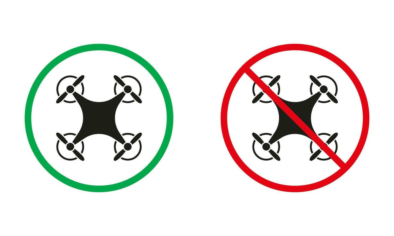 Drönare zon varning tecken. avlägsen kontrollera quadcopter silhuett ikoner uppsättning. obemannad kamera tillåten, antenn kamera förbjuden symboler. isolerat vektor illustration.