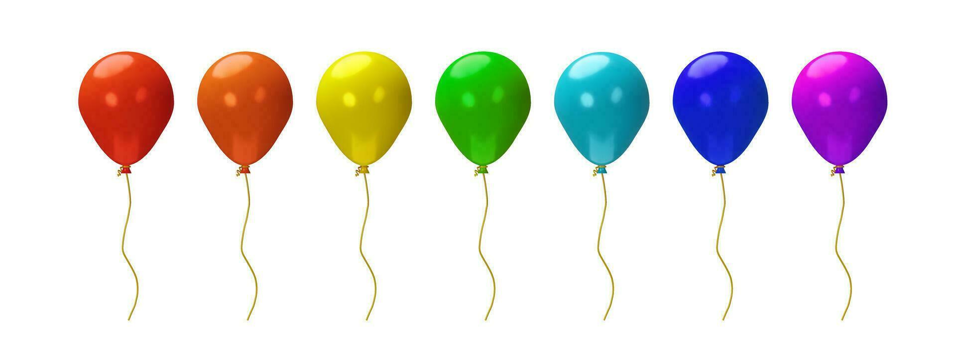3d framställa färgrik uppsättning av ballonger för fest. realistisk regnbåge uppblåsbar element för födelsedag, karneval, festival, firande, årsdag. flygande helium vektor objekt mall för hälsning kort.