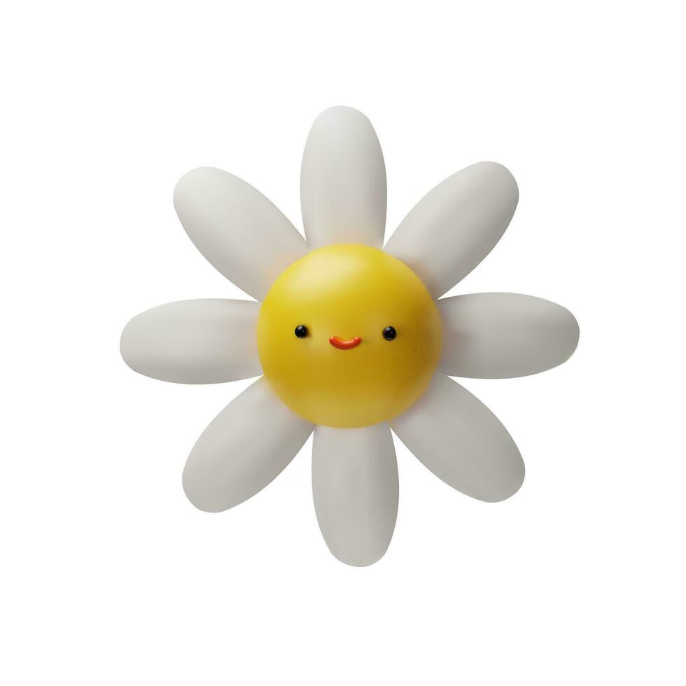 3d machen Gänseblümchen Charakter. Vektor Illustration von Sommer- Blume Maskottchen. realistisch Emoticon frisch Blüte. frisch kawaii Kamille im Lehm Stil zum Kinder. Botanik komisch Dekoration Element zum Strauß.