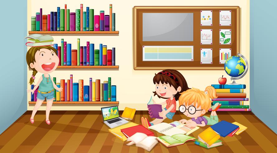 Tre tjejer läser böcker i rummet vektor