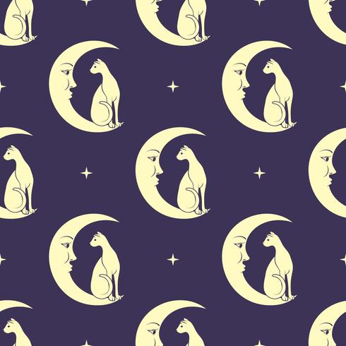 Katt sitter på månen. Natt himmel sömlös mönster bakgrund. Gullig magisk ockult design. Vektor