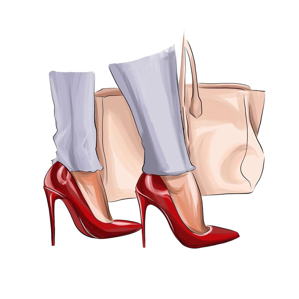 schöne weibliche beine mit einer tasche. Modefrauenbeine in roten Schuhen. Teile des weiblichen Körpers. rote High Heels aus bunten Lacken. Spritzer Aquarell. Vektor-Illustration von Farben vektor