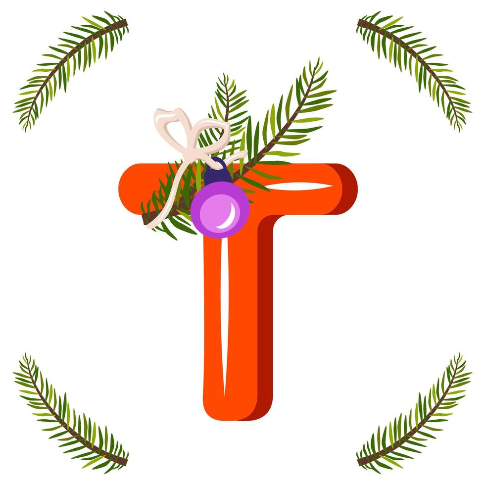 roter Buchstabe t mit grünem Weihnachtsbaumast, Kugel mit Bogen. festliche Schrift für ein frohes neues Jahr und ein helles Alphabet vektor