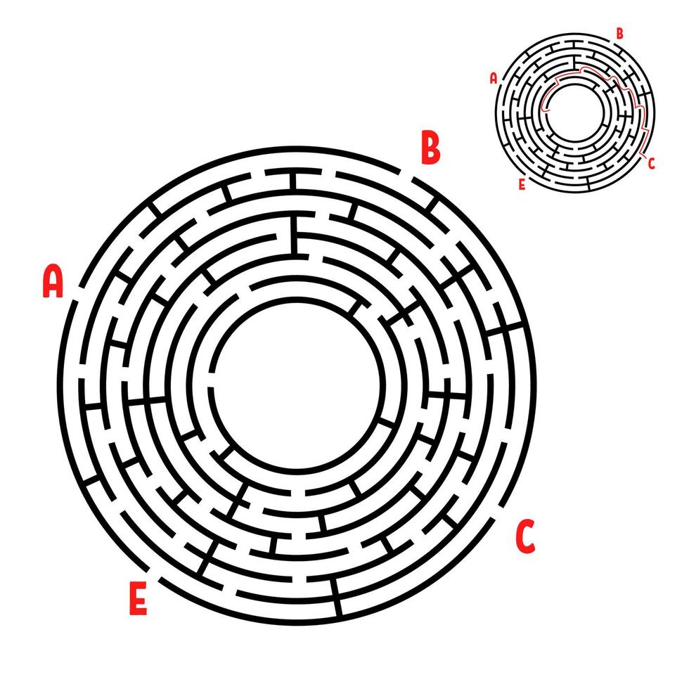 abstraktes rundes Labyrinth. Spiel für Kinder. Puzzle für Kinder. den richtigen Weg finden. Labyrinth Rätsel. flache Vektorillustration lokalisiert auf weißem Hintergrund. mit Antwort. mit Platz für Ihr Bild. vektor