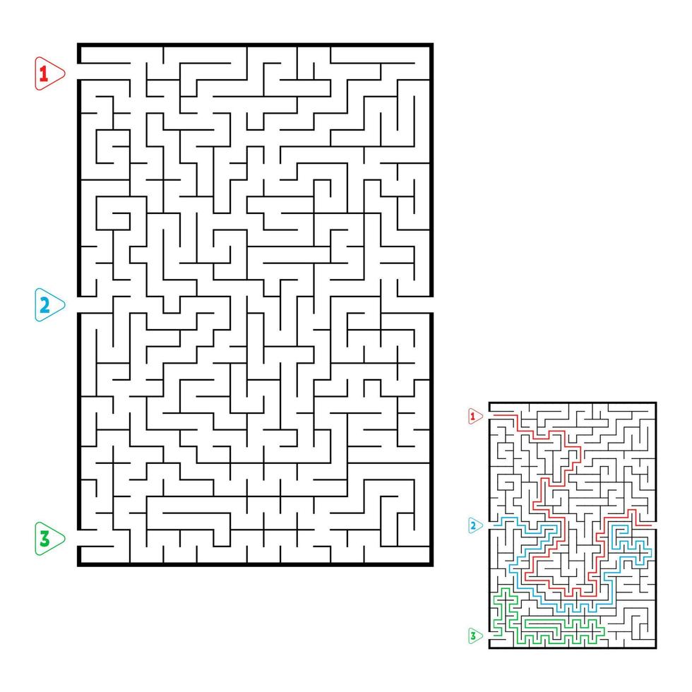abstrakt rektangulär stor labyrint. spel för barn. pussel för barn. tre ingångar, en utgång. labyrintkonst. platt vektorillustration isolerad på vit bakgrund. med svar. vektor
