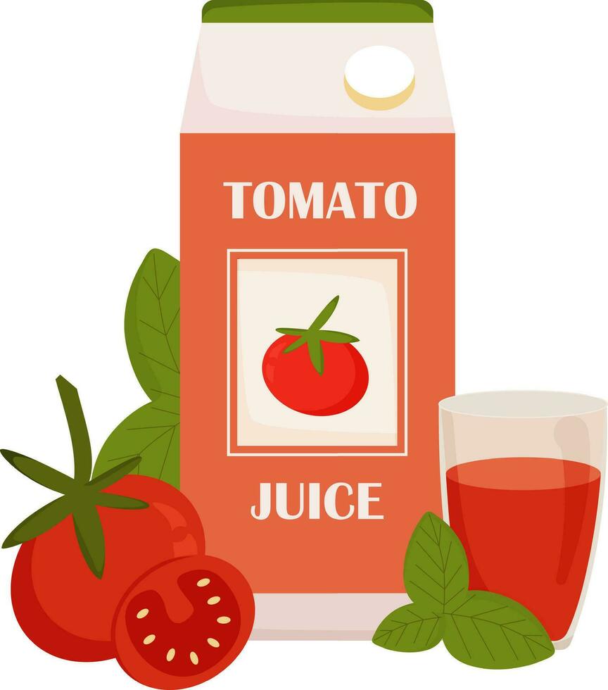 Pack von Tomate Saft mit Tomate, Glas von Saft und lbasil Traufe. natürlich Orange Saft im ein Glas. gesund organisch Lebensmittel. Vektor Illustration im eben Stil. Weiß Hintergrund.