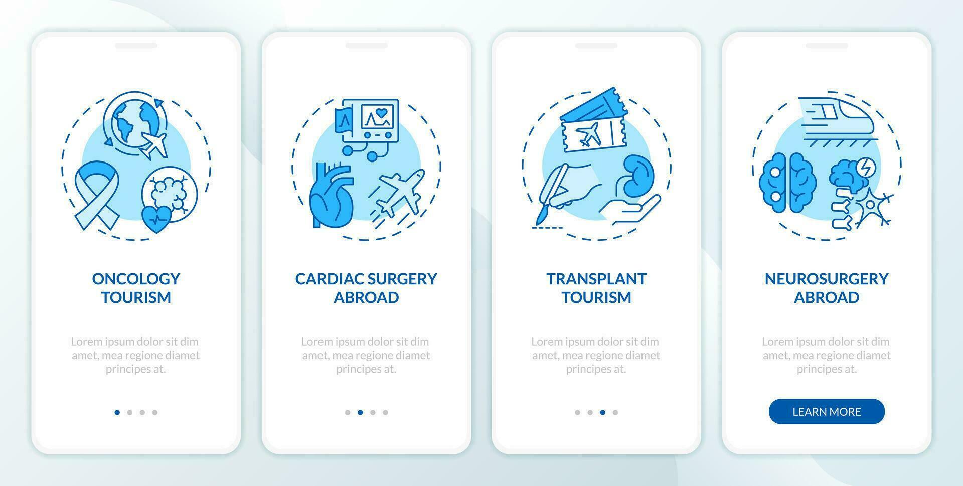 2d blå ikoner representerar medicinsk turism mobil app skärm uppsättning. genomgång 4 steg enfärgad grafisk instruktioner med tunn linje ikoner begrepp, ui, ux, gui mall. vektor