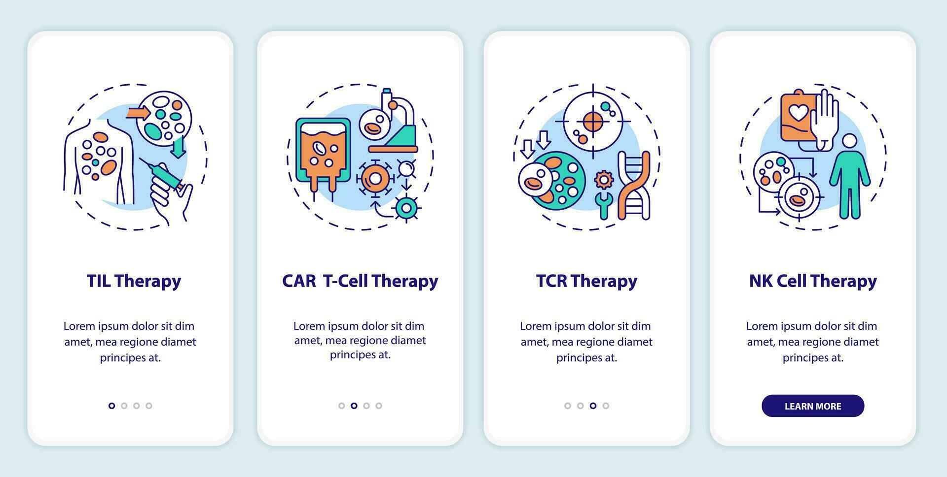 2d Symbole Darstellen Zelle Therapie Typen von Immuntherapie Handy, Mobiltelefon App Bildschirm Satz. Komplettlösung 4 Schritte Mehrfarbig Grafik Anleitung mit dünn Linie Symbole Konzept, ui, ux, gui Vorlage. vektor