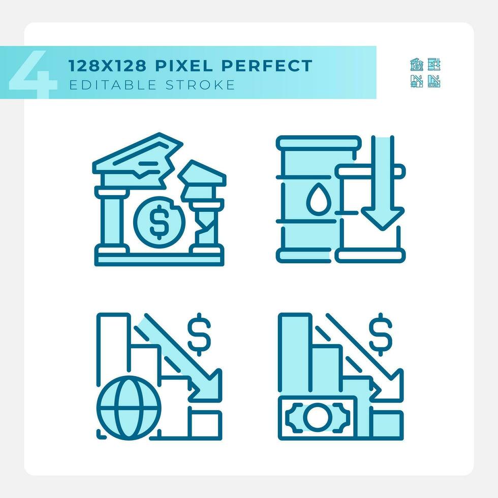 2d Pixel perfekt Blau Symbole einstellen Darstellen wirtschaftlich Krise, editierbar dünn Linie Illustration. vektor