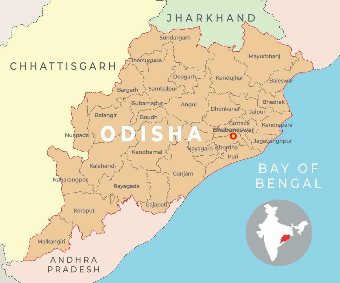 odisha distrikt Karta med granne stat vektor