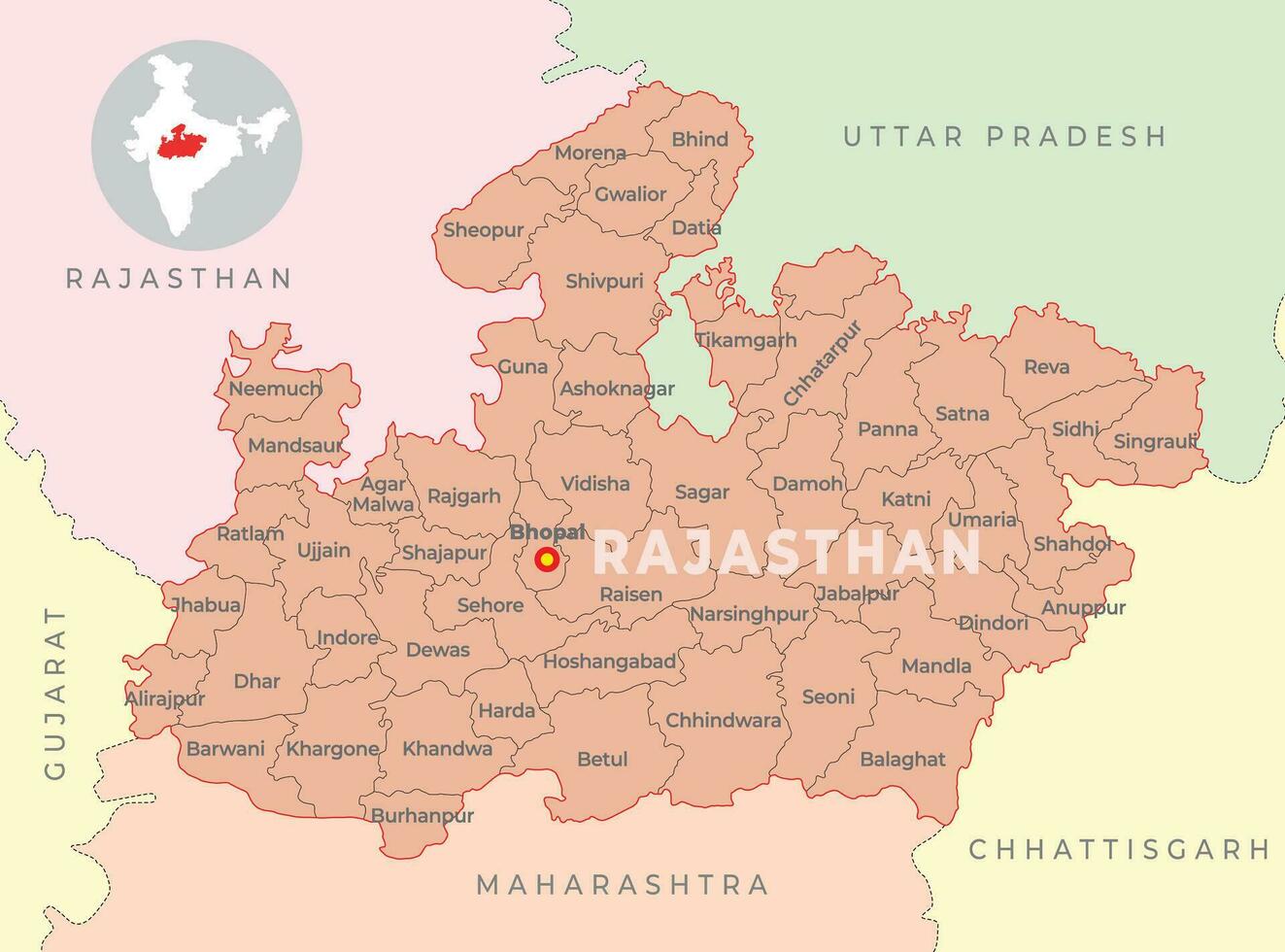 rajasthan distrikt Karta med granne stat och Land vektor