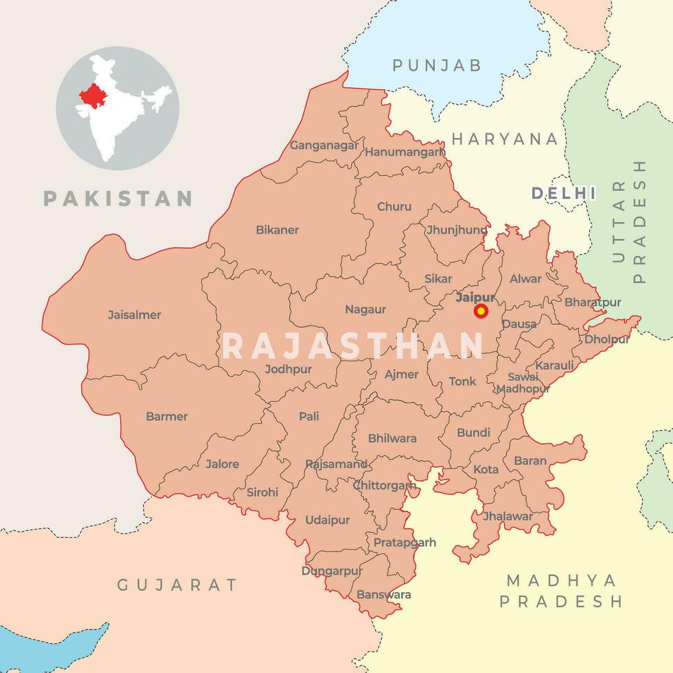 rajasthan distrikt Karta med granne stat och Land vektor