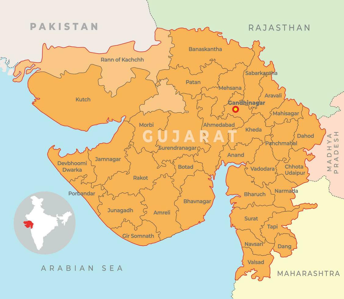 gujarat distrikt Karta med granne stat vektor