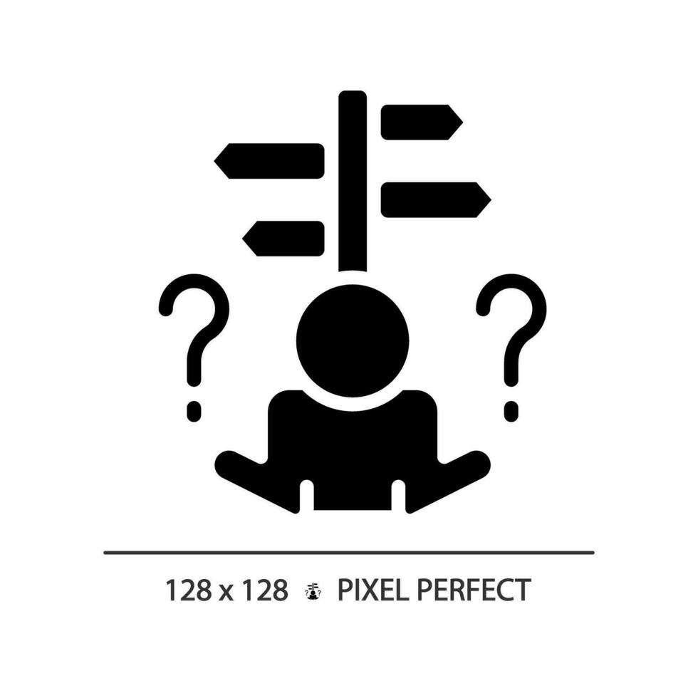 2d pixel perfekt glyf stil obeslutsamhet ikon, isolerat vektor, silhuett illustration representerar psykologi. vektor