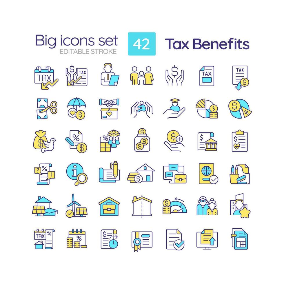 beskatta fördelar rgb Färg ikoner uppsättning. fiskal politik. statliga incitament. finansiell planera. isolerat vektor illustrationer. enkel fylld linje ritningar samling. redigerbar stroke