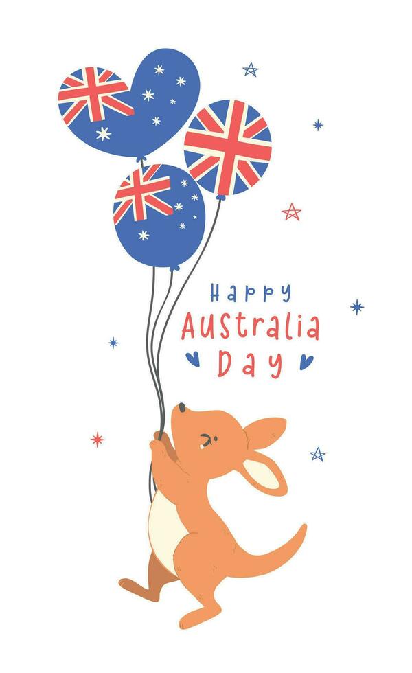 Australien dag med förtjusande bebis känguru tecknad serie djur- med ballonger flagga. vektor