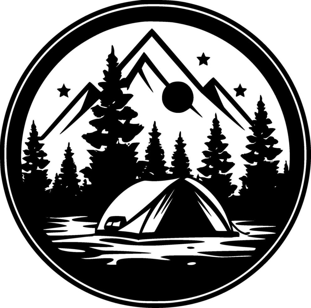 Camping - - schwarz und Weiß isoliert Symbol - - Vektor Illustration