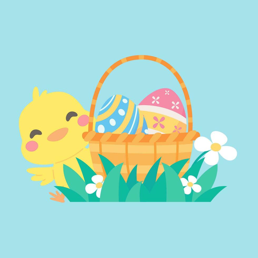 Karikatur Küken mit Ostern Eier im das Gras und Ostern Ei Suche Aktivität mit Kinder. vektor