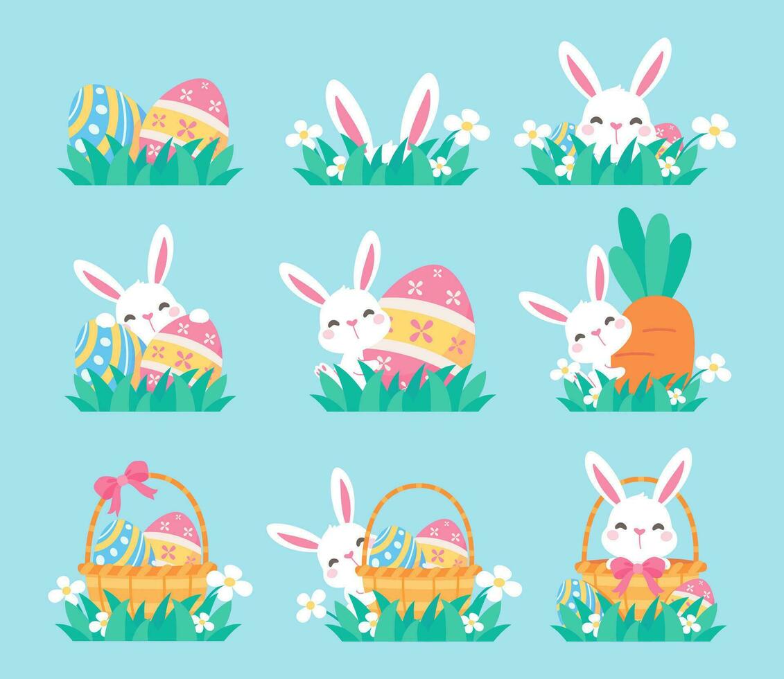 en tecknad serie kanin dölja Bakom colorfully dekorerad påsk ägg under de påsk ägg festival. vektor