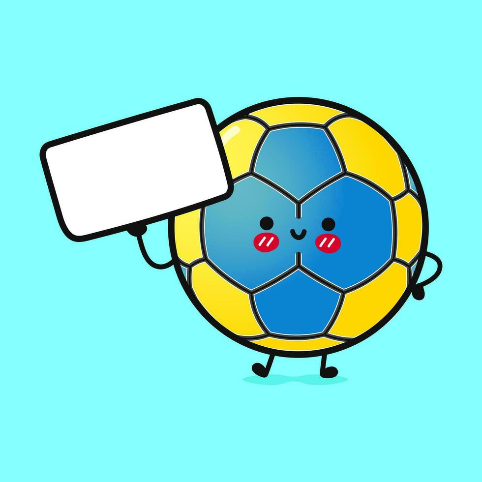 söt rolig handboll med affisch. vektor hand dragen tecknad serie söt karaktär illustration ikon. isolerat på blå bakgrund. handboll boll tror begrepp