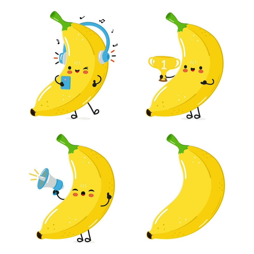 komisch Banane Zeichen bündeln Satz. Vektor Hand gezeichnet Gekritzel Stil Karikatur Charakter Illustration Symbol Design. süß Banane Maskottchen Charakter Sammlung