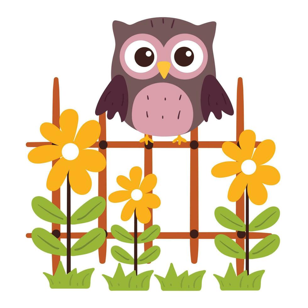 söt hand teckning tecknad serie Uggla på de staket med blommor. söt djur- teckning vektor