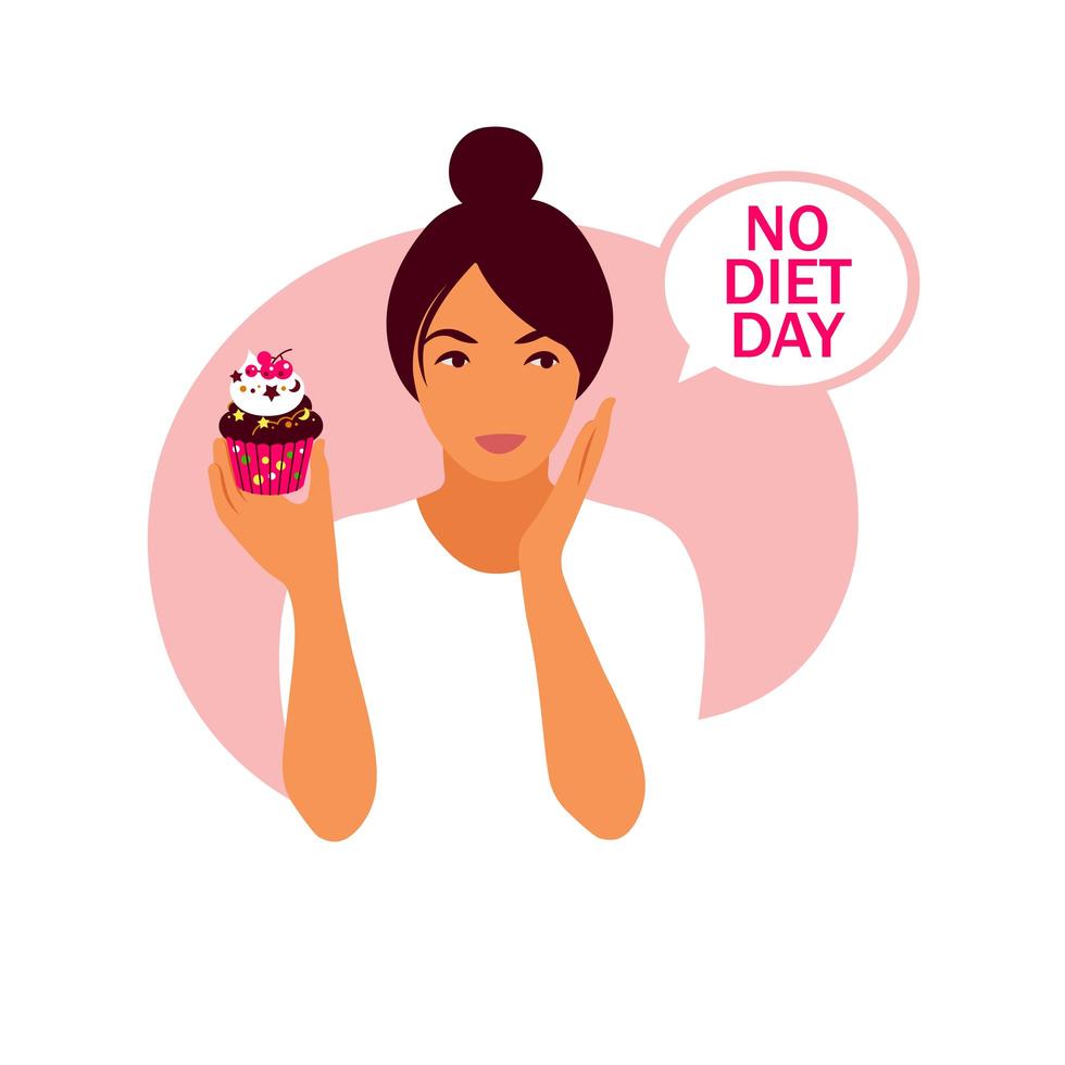 kein Diättag. Eine Frau hält einen Cupcake in den Händen. internationale Abbildung ohne Diät. Vektor. vektor