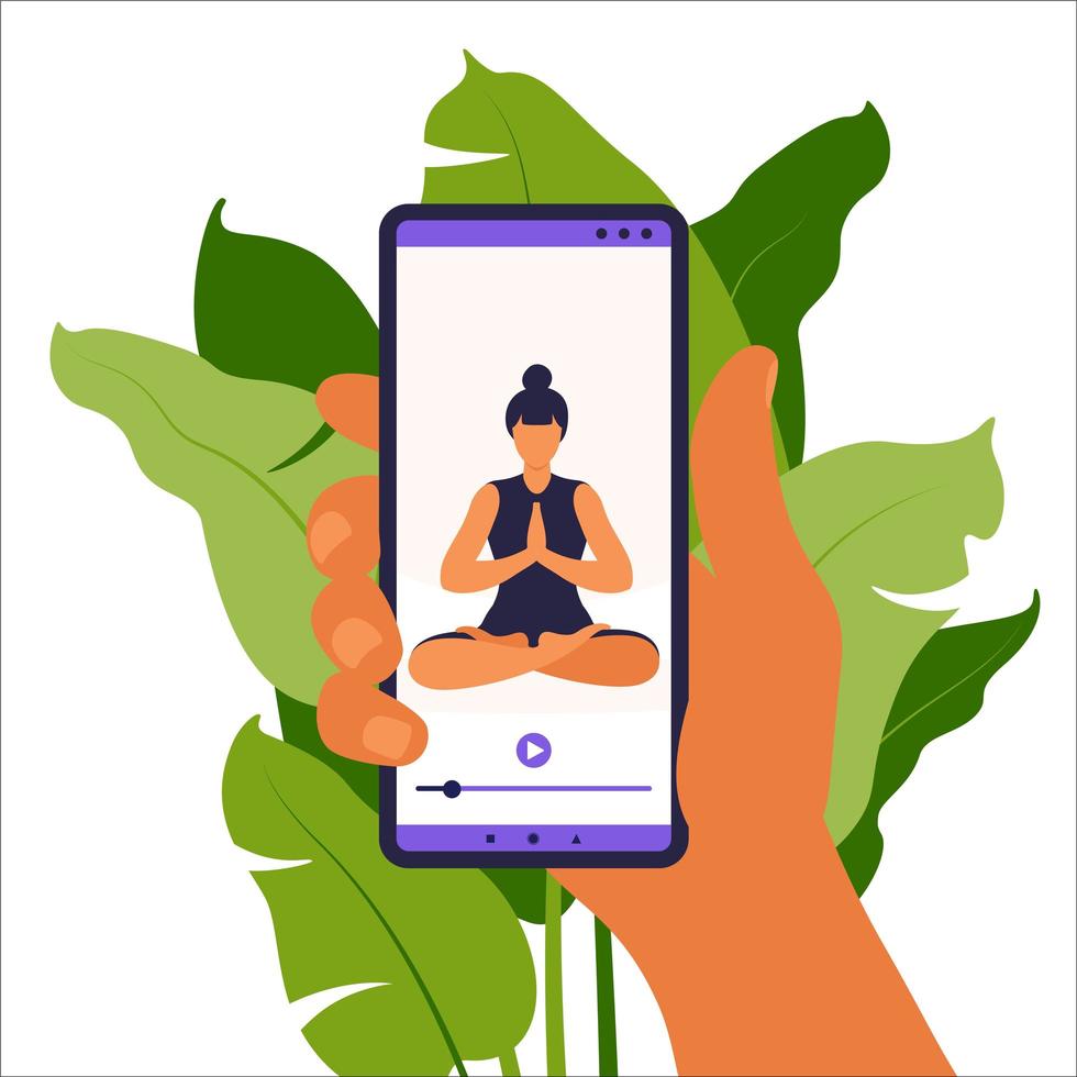 Yoga-Online-Konzept. Frau macht Yoga-Übungen zu Hause mit Online-Lehrer auf dem Handy Wellness und gesunde Lebensweise zu Hause. Frau macht Yoga-Übungen. Vektor-Illustration. vektor