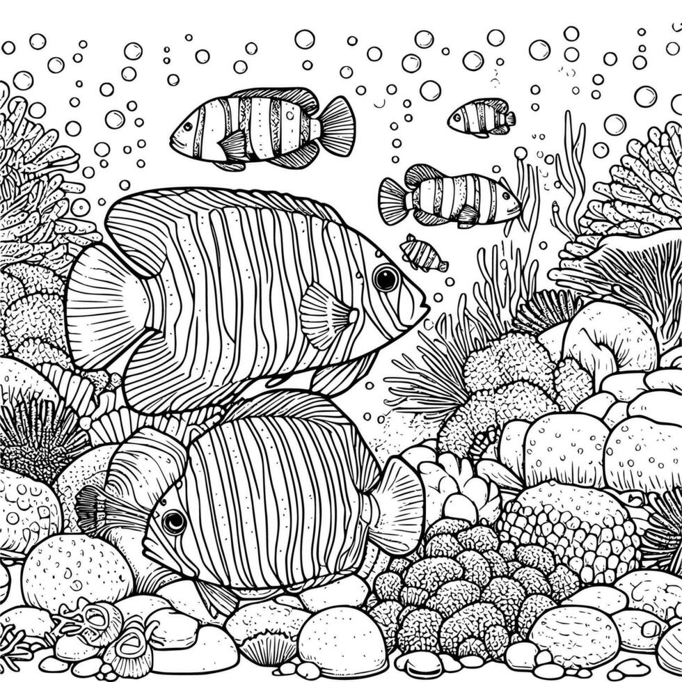 under vattnet värld färg bok hand ritade. hav liv färg sida svart och vit vektor illustration