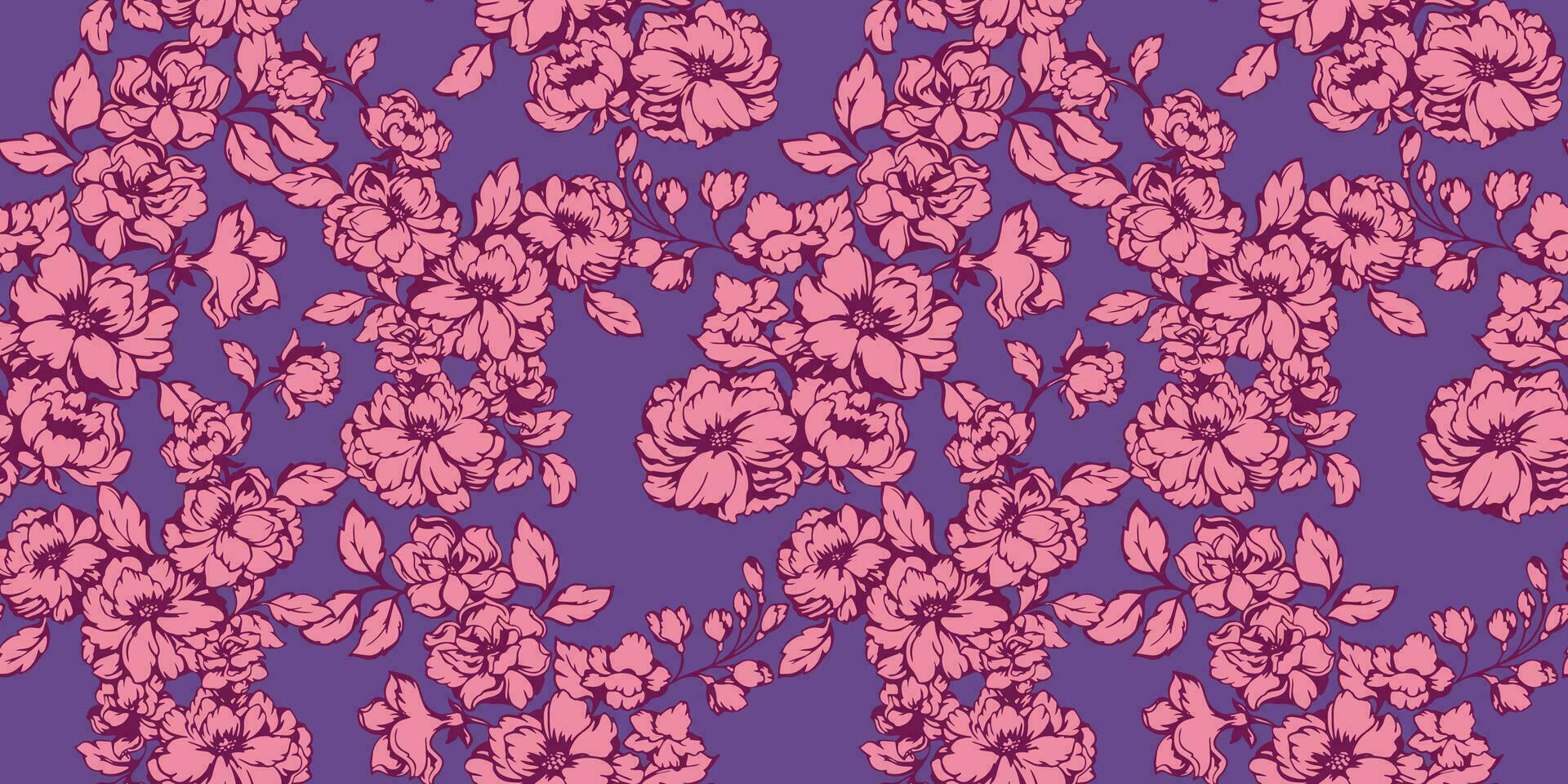 Eleganz stilisiert blühen Geäst Blumen nahtlos Muster. Vektor Hand gezeichnet. Kunst Grafik Blumen- auf ein lila Hintergrund. Design zum Mode, Stoff, Hintergrund.