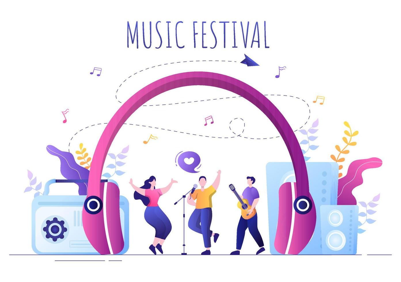 Musikfestivalhintergrundvektorillustration mit Musikinstrumenten und Live-Gesangsleistung für Plakat-, Fahnen- oder Broschürenschablone vektor