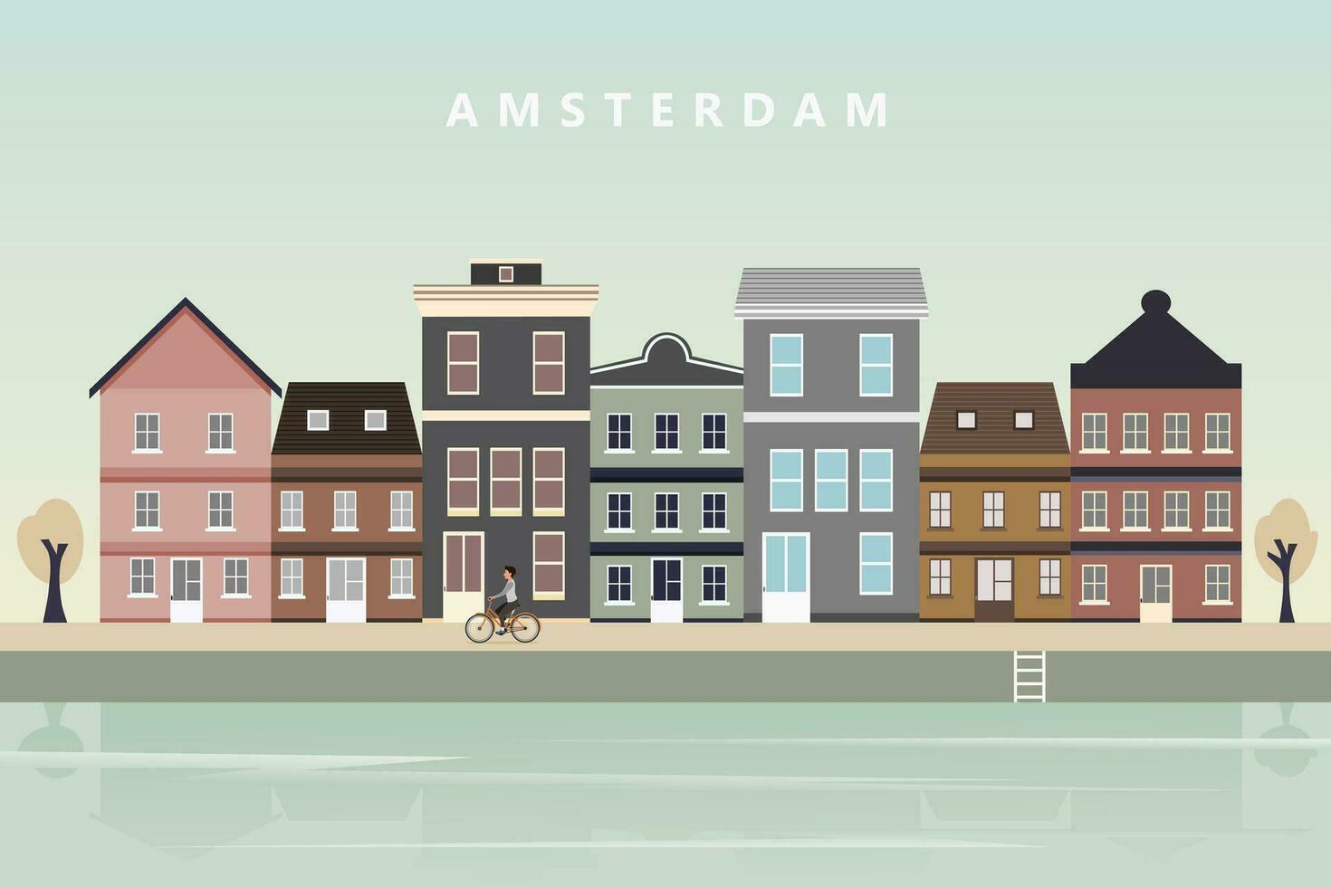 Amsterdam Stadtbild mit uralt Häuser, Wasser Kanäle, und Fahrräder. Vektor Illustration.