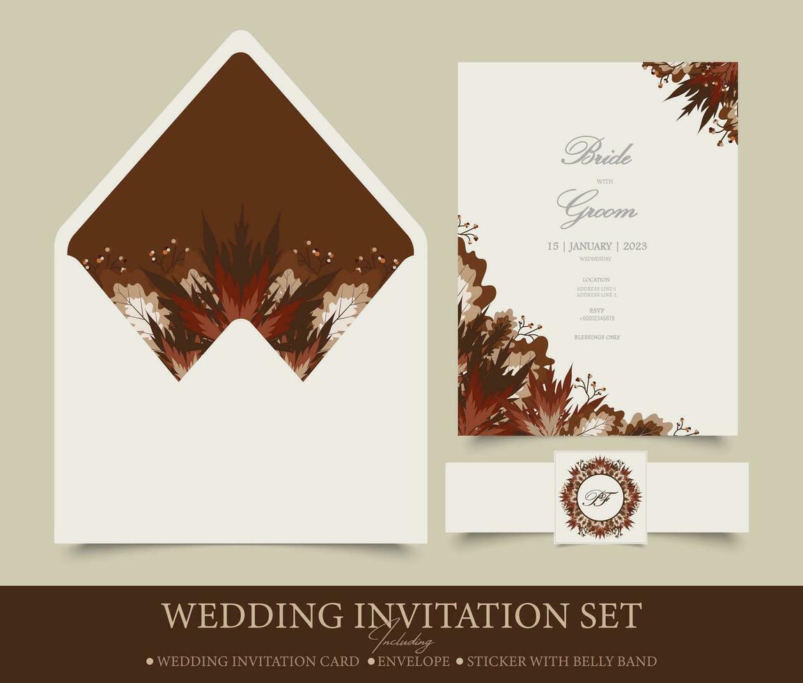 bröllop inbjudan uppsättning mall med brun löv. uppsättning av tre vektor mallar inkluderar en bröllop inbjudan kort, ett kuvert och en klistermärke.