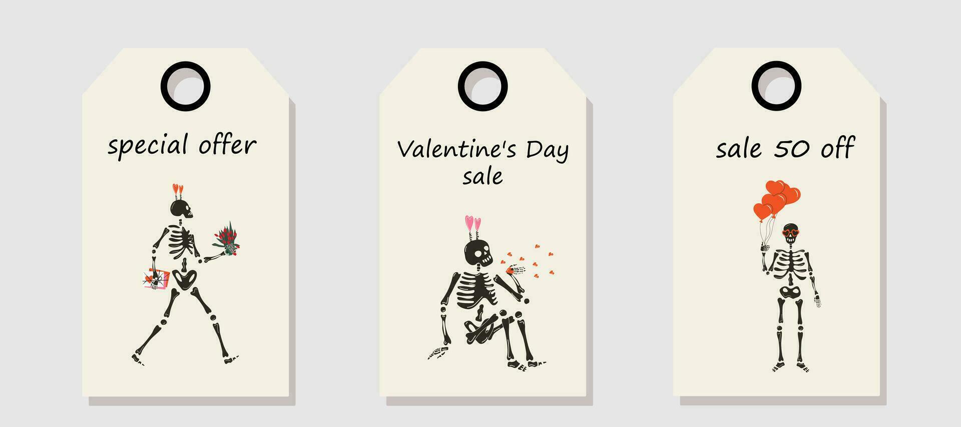 Vektor einstellen von Rabatt Preis Stichworte. Etiketten mit komisch Skelett mit Dekor zum Valentinstag Tag. Valentinstag Tag Verkauf.