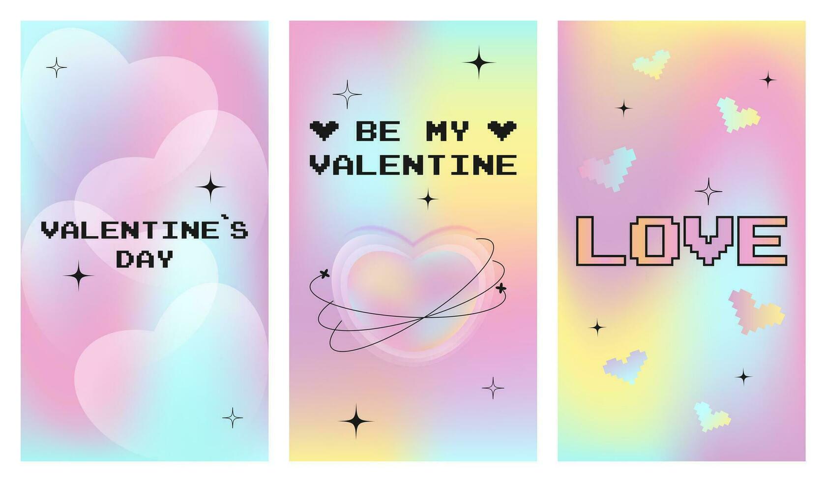 modern design mallar av valentines dag och kärlek kort, baner, affisch, omslag uppsättning. trendig minimalistisk estetisk med gradienter och typografi, y2k bakgrunder. blek rosa gul, lila vibrerande färger. vektor