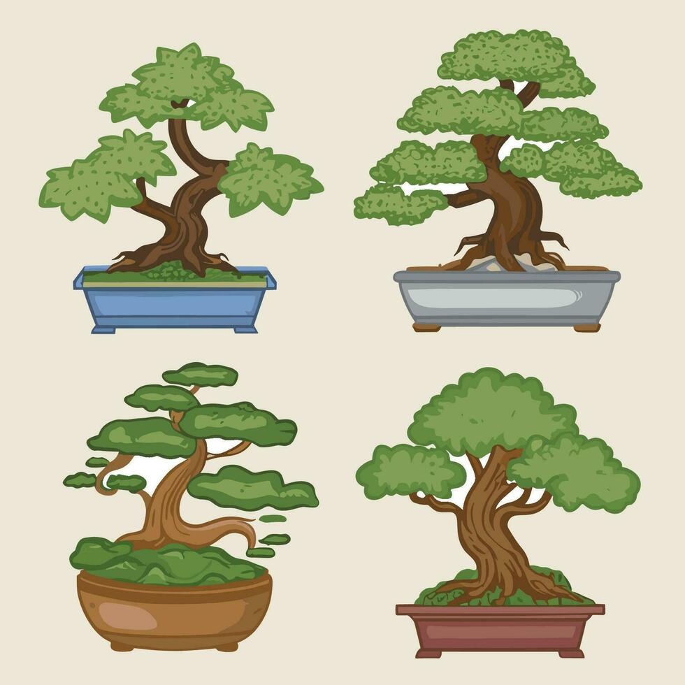 bonsai träd vektor illustration uppsättning