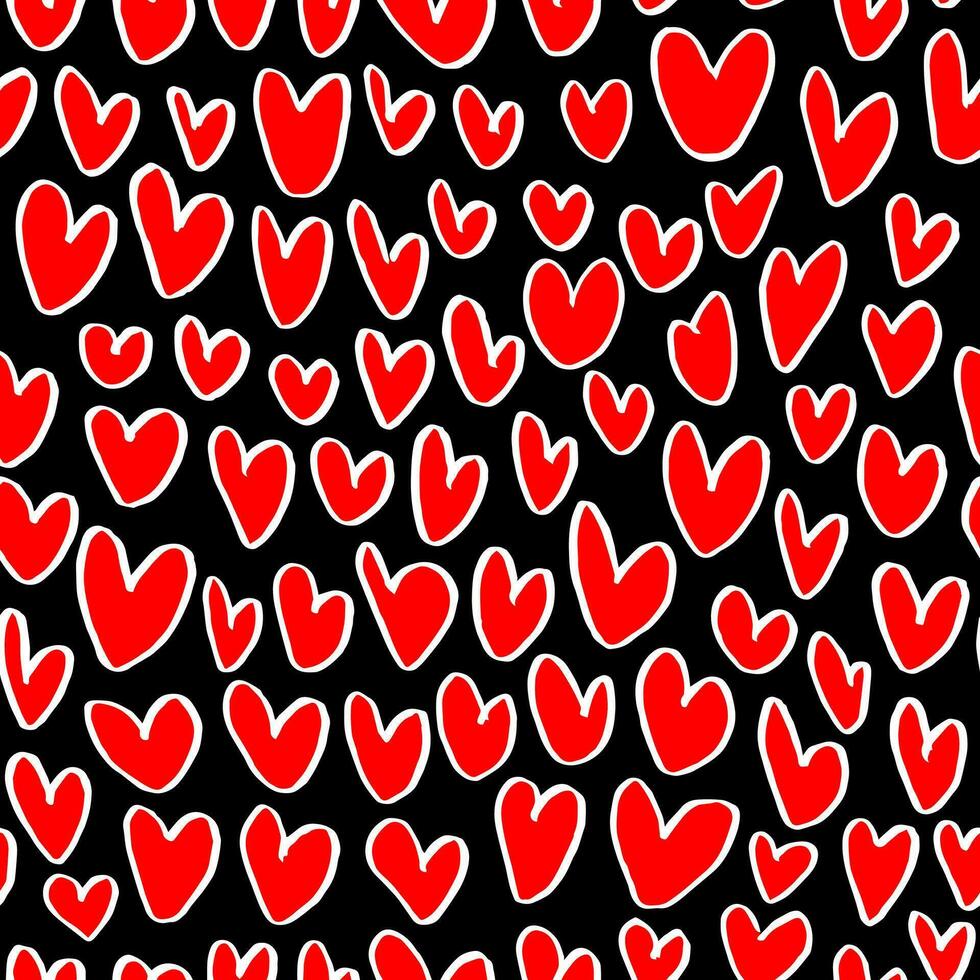 sömlös mönster med abstrakt röd hjärtan på svart bakgrund. hand dragen krita skriva ut för tyg, textilier, omslag papper. vektor