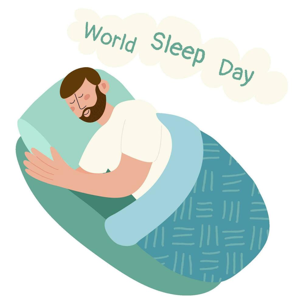 Mann Schlafen im ein Bett. gesund schlafen. Welt Schlaf Tag. National Bett Monat vektor