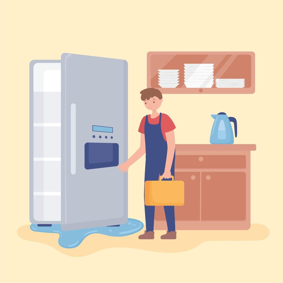 Mann repariert Kühlschrank zu Hause vektor