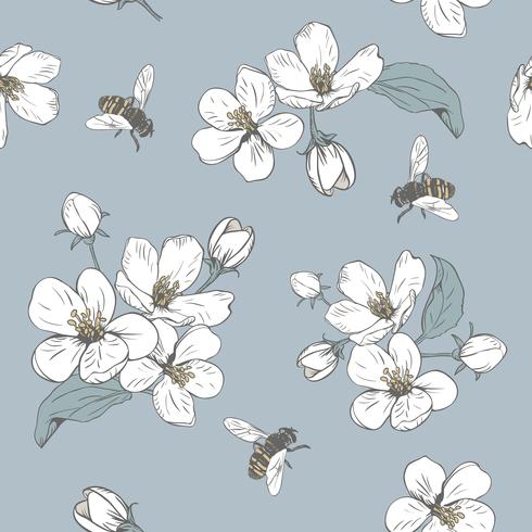 Blommande träd. Sömlöst mönster med blommor. Vårblommig konsistens. Handdragen botanisk vektor illustration