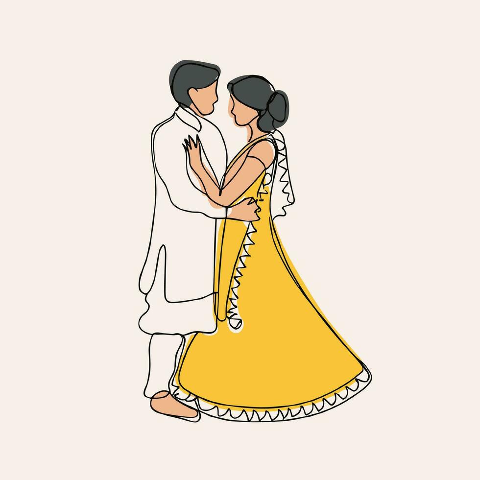 indisch Paar Karikatur im traditionell Kleid posieren zum mehndi Zeremonie Einladung Karte Design vektor