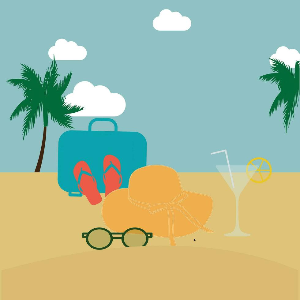 Sommer- Urlaub Strand Ferien Thema Podium mit Sommer- einstellen Strand Elemente. Vektor Illustration Reise thematisch Vektor Hintergrund tropisch Strand. mit Palme Bäume, Türkis Gewässer, und Sonne Liegen.