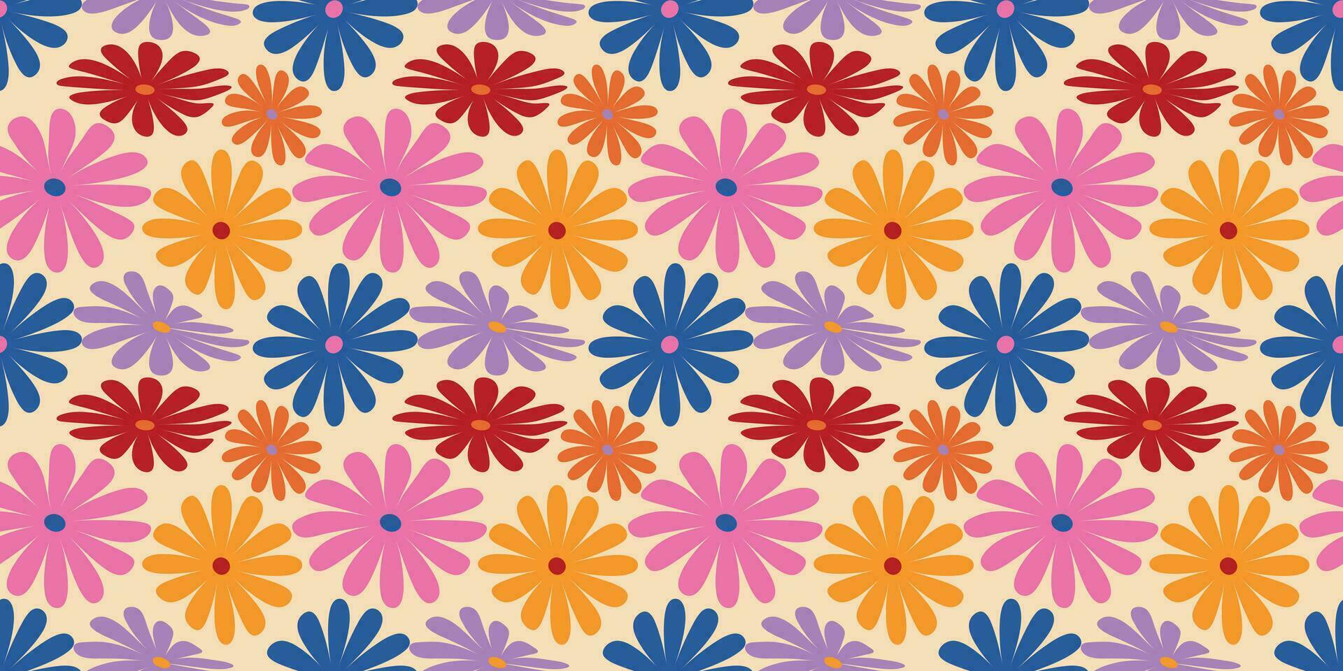 groovig Gänseblümchen Blumen nahtlos Muster. Blumen- Vektor Hintergrund im 1970er Jahre Hippie retro Stil zum drucken auf Textil, Verpackung Papier, Netz Design und Sozial Medien