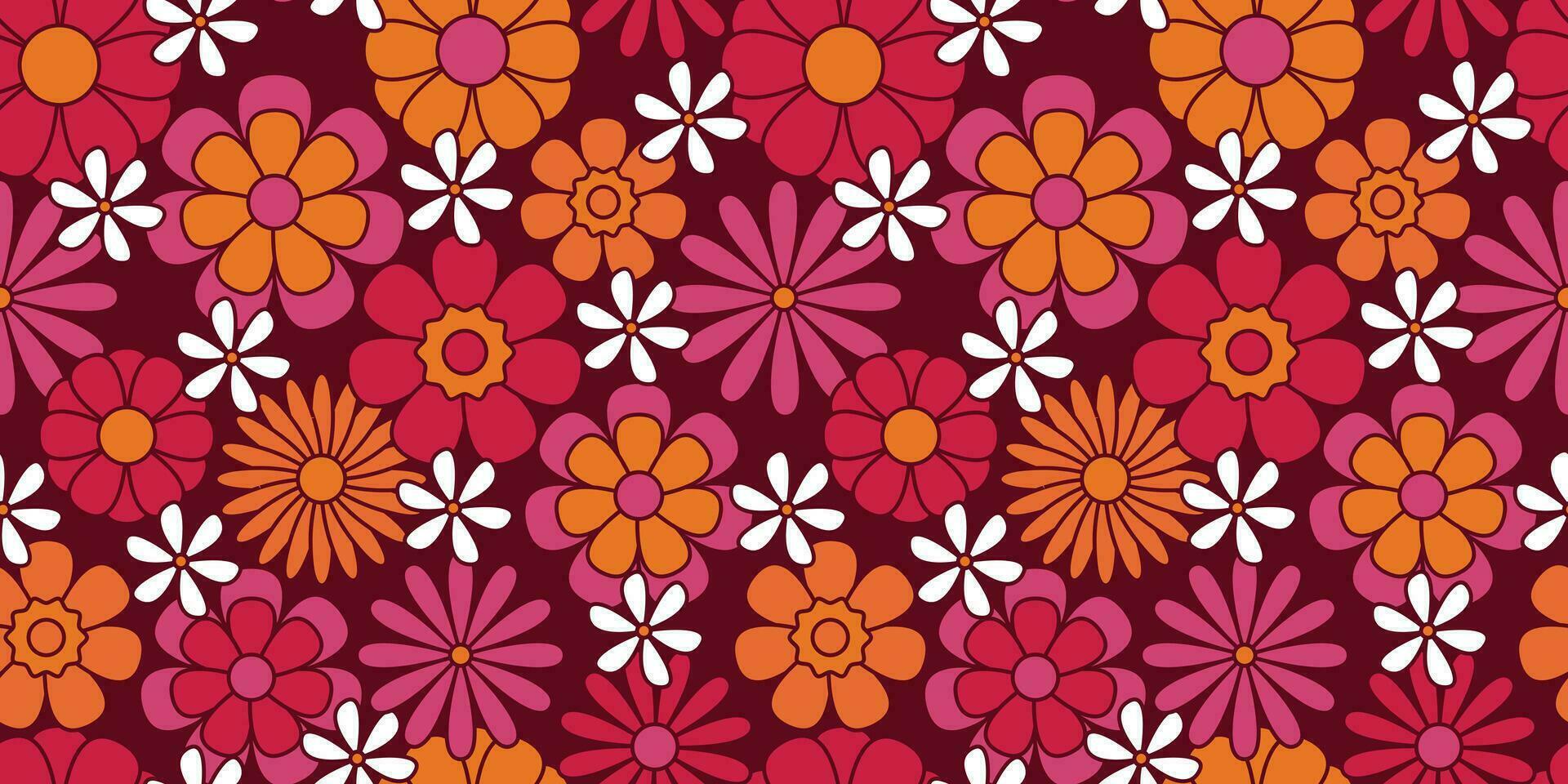 bunt groovig Blumen- nahtlos Muster. Hippie ästhetisch. komisch mehrfarbig drucken zum Stoff, Papier, irgendein Oberfläche Design. psychedelisch Hintergrund vektor