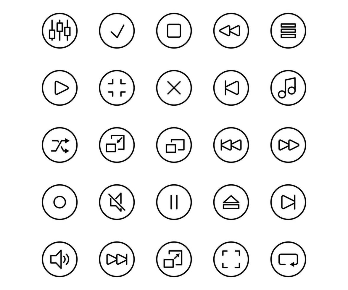 Vektor Linie einstellen Medien Spieler Symbol. Musik- Symbol und Multimedia abspielen Video. Technologie Netz Taste Steuerung Schnittstelle und Aufzeichnung Piktogramm Computer. einfach Speisekarte Ausrüstung ui Musical App