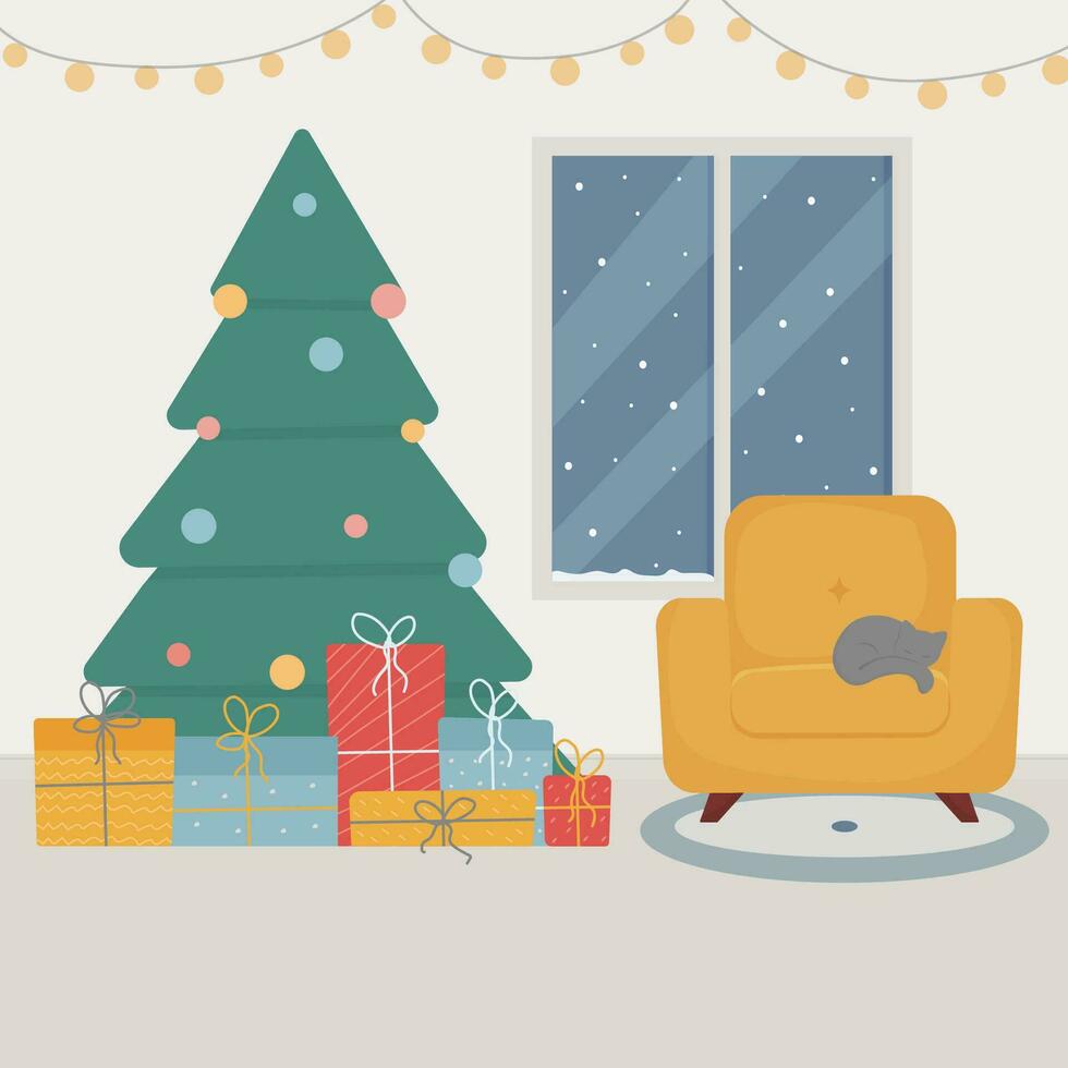 gemütlich Weihnachten Zimmer Innere, komfortabel Sofa, Weihnachten Baum, Geschenke, die Geschenke, Katze, Teppich, Neu Jahr Dekoration, Vektor eben Stil Illustration
