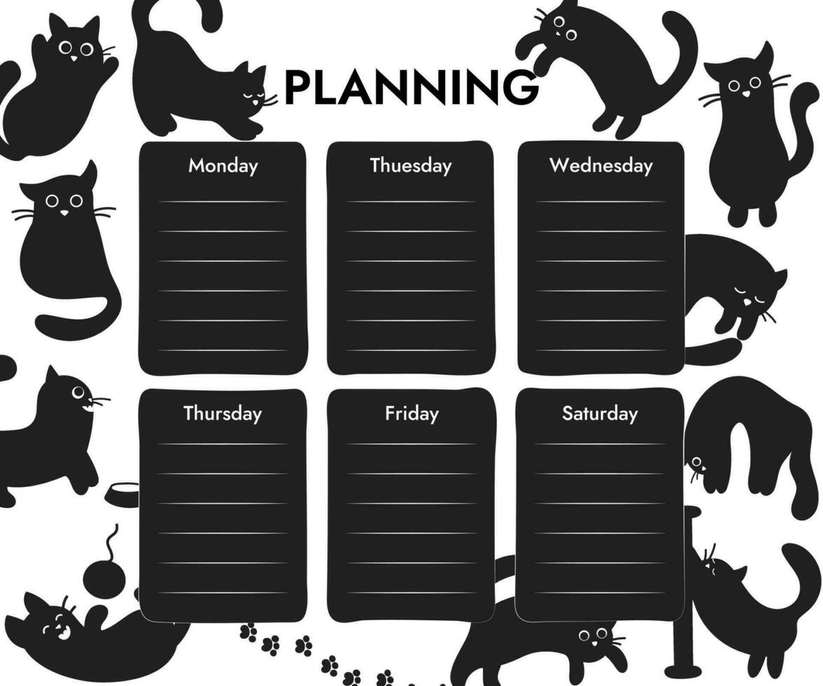 wöchentlich Klasse Zeitplan Vorlage zum Lernen oder Arbeiten mit komisch schwarz Katzen. Vektor Illustration