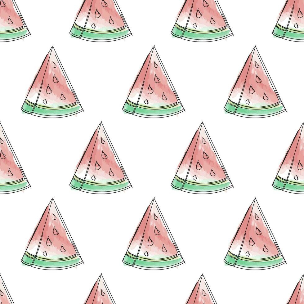 nahtlos Muster Skizzierung von ein Stück von Wassermelone mit Aquarell malt. Sommer- Essen Muster vektor