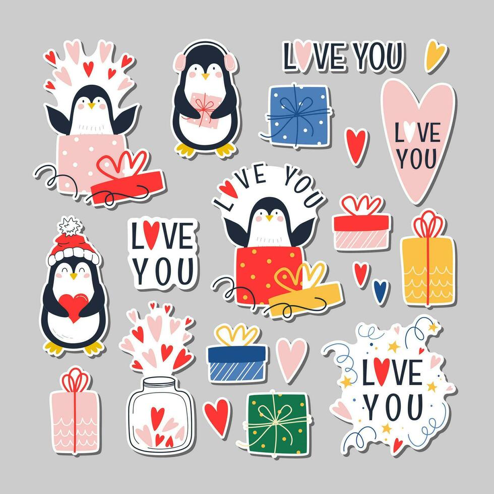 einstellen von Aufkleber mit süß Pinguine, Text, Geschenke und Herzen. Vektor Illustration zum Valentinstag Tag und Geburtstag.